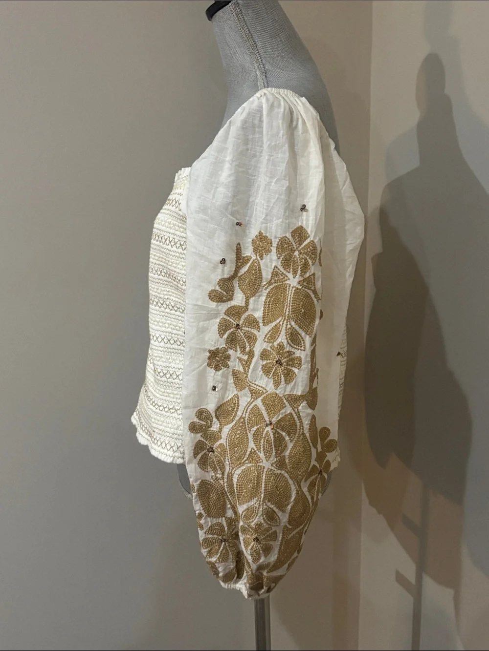 Anthropologie Smocked Embroidered Puff Sleeve Square Neck Top Peasant Blouse